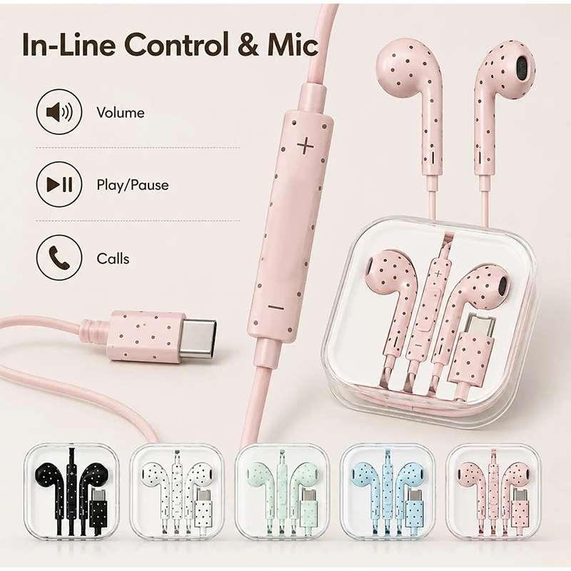 Type C Wired Earphones With Mic - Typ-C-Ohrhörer mit Polka-Dot-Sternmuster, In-Ear-Kabelgebundene Ohrhörer mit