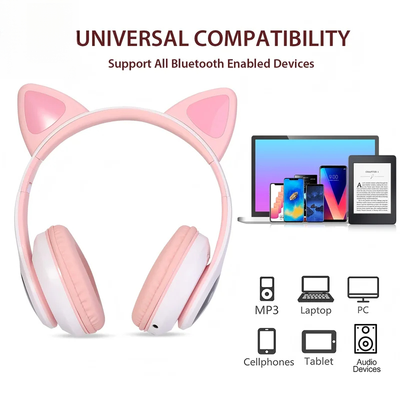 Cat Ear Bluetooth Headset Led - T28 Kabellose Bluetooth-Kopfhörer, LED-Leuchtende Katzenohren-Over-Ear-Headsets, Niedliche