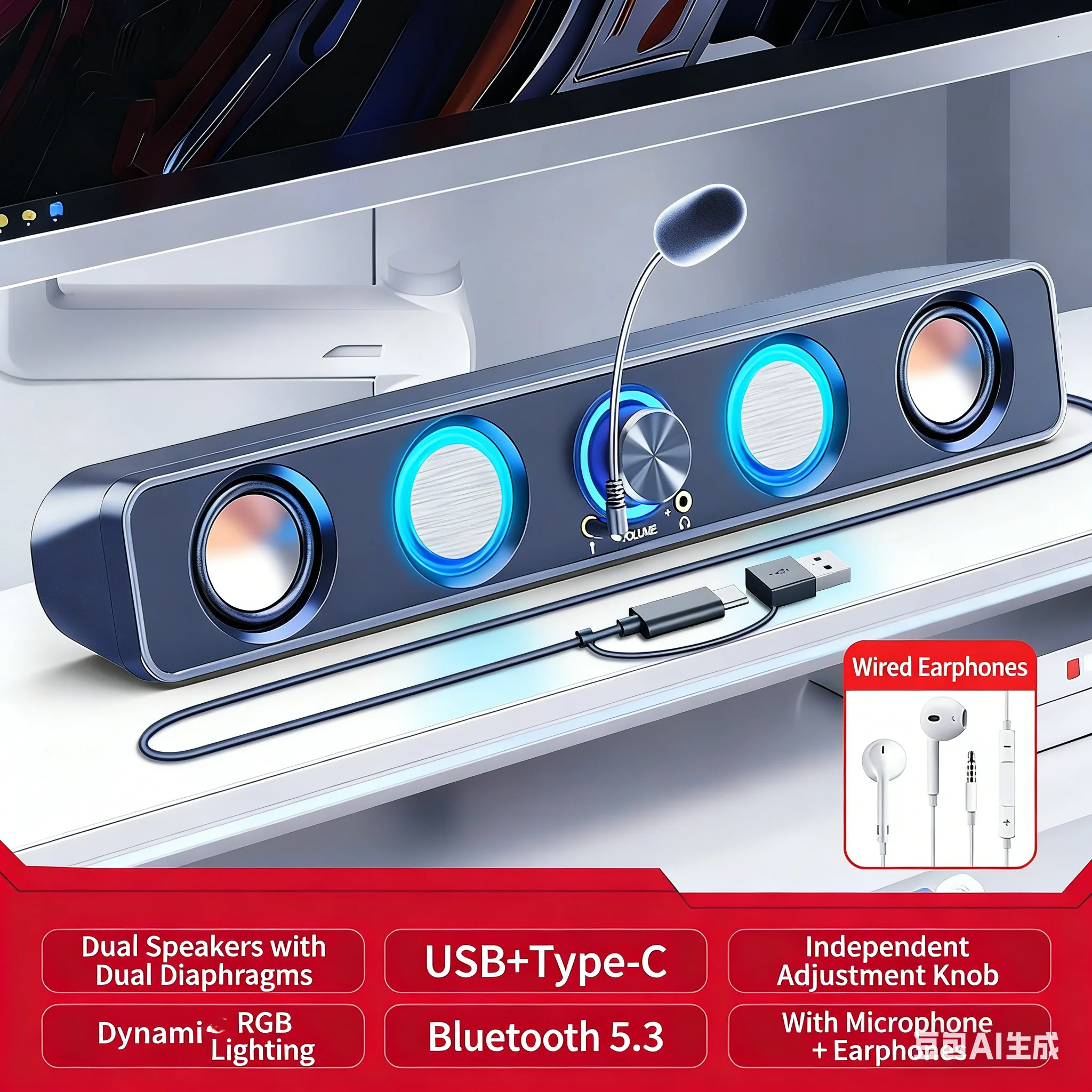 Rgb Computer Soundbar For Pc - Heimkino-Lautsprechersystem Soundbar RGB Desktop mit Mikrofon